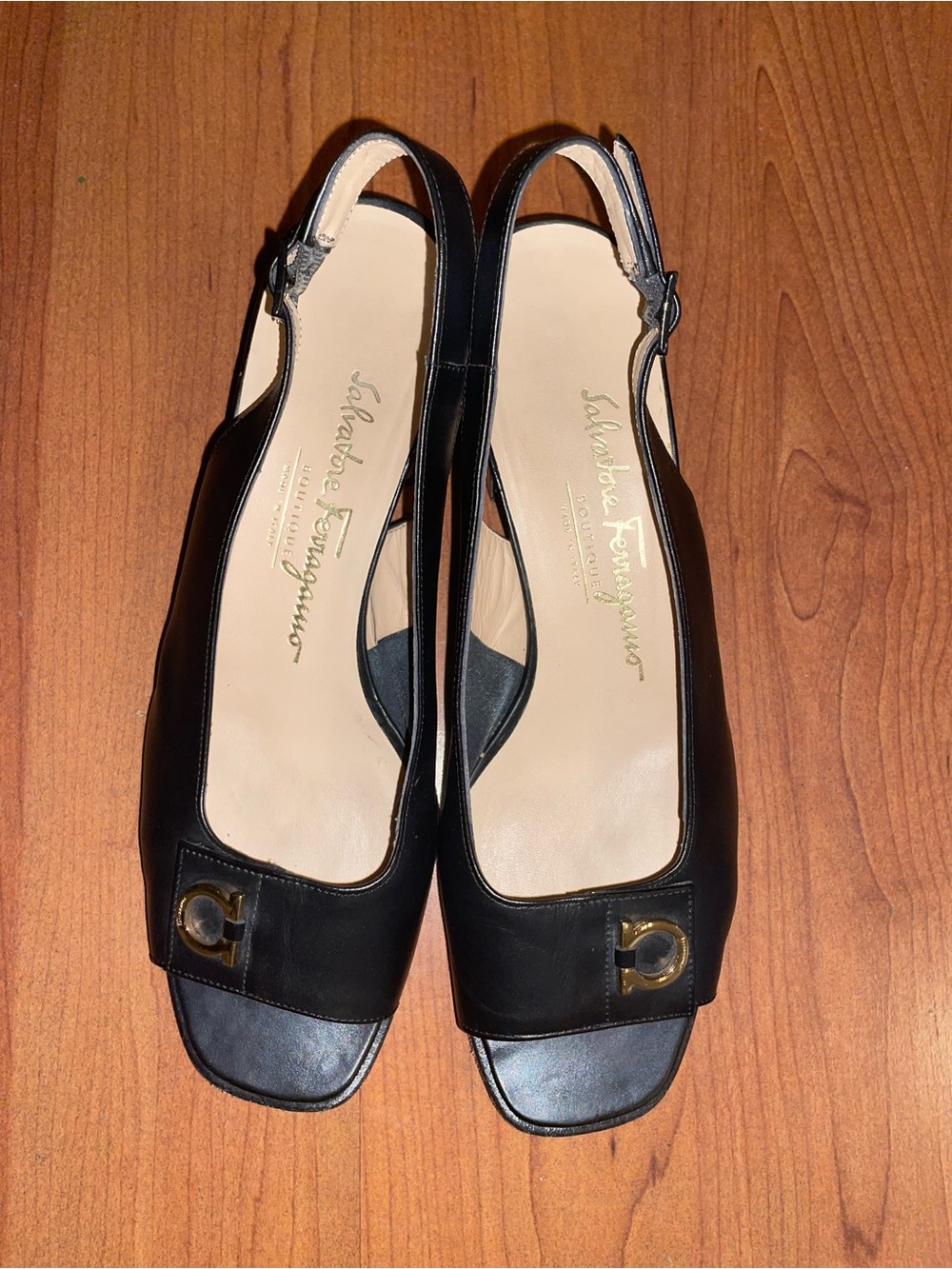 Salvatore Ferragamo Black Leather Slingback Mules with Gold Accent - Picture 2 of 4